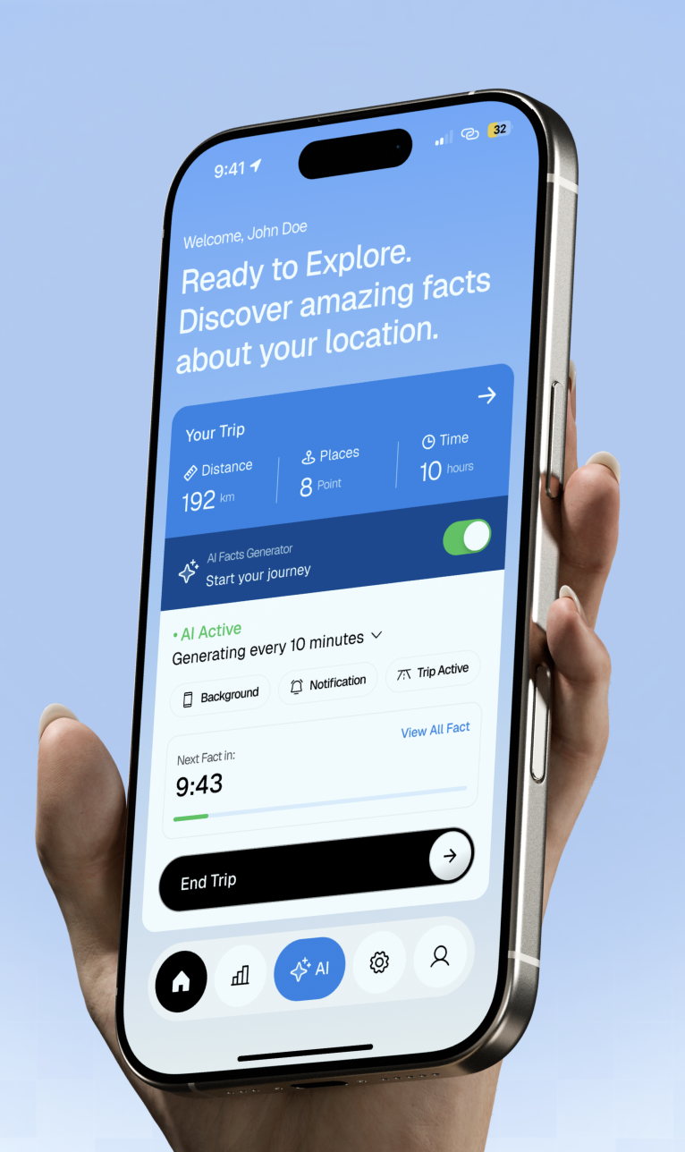 Roadguide App - Best Road Trip App for iPhone showing AI-narrated travel facts