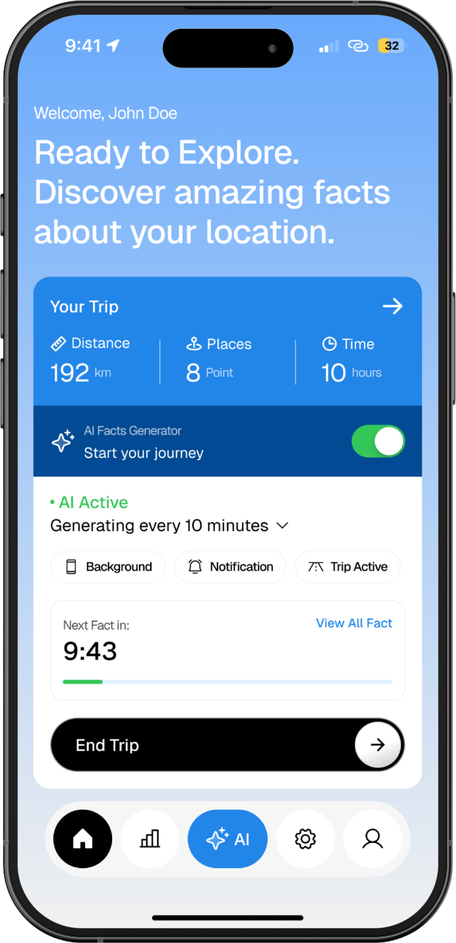 Family in car using Roadguide app to hear educational facts about nearby landmarks and cities during a road trip